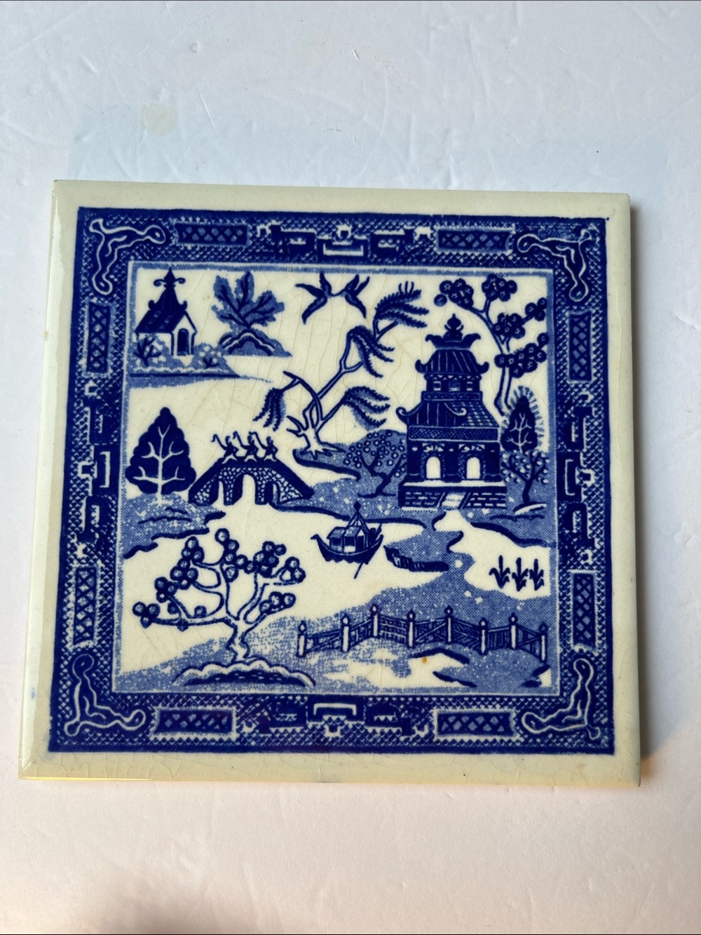 Rare Soriano Ceramics Blue Willow Porcelain Tile Trivet Vintage 6"x 6" vivid